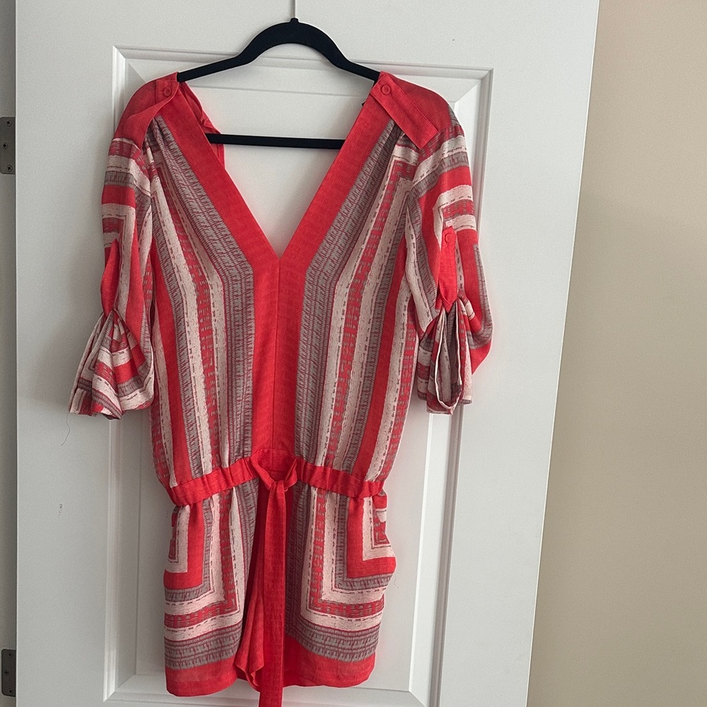 BCBGMaxAzria Red and Gray Striped Romper